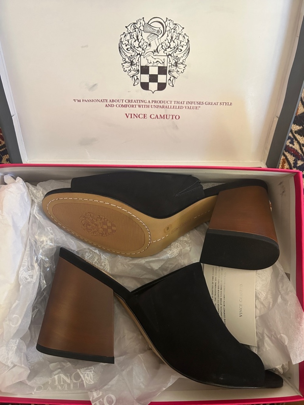 Vince Camuto Black Suede Open-Toe Block Heel Mules Brand New in Box Never Worn